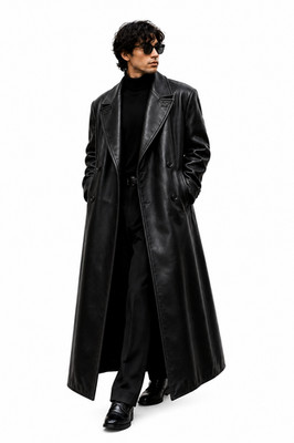 Men Black Leather Trench Coat Long Overcoat Double Breasted Gothic Winter Jacket