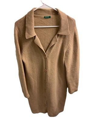 Benetton Wool Cardigan Maxi Sweater Dress Size Medium Beige Tan Button 80s Retro