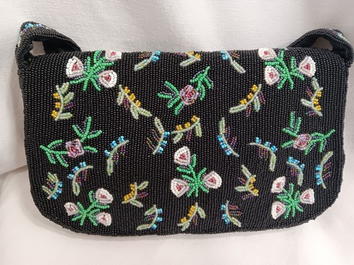 Vtg Lord & Taylor Beaded Handbag Purse Black & Floral - Picture 4 of 14