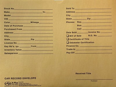 Vehicle Deal Jacket #19 Car Record Envelope 500 Qty