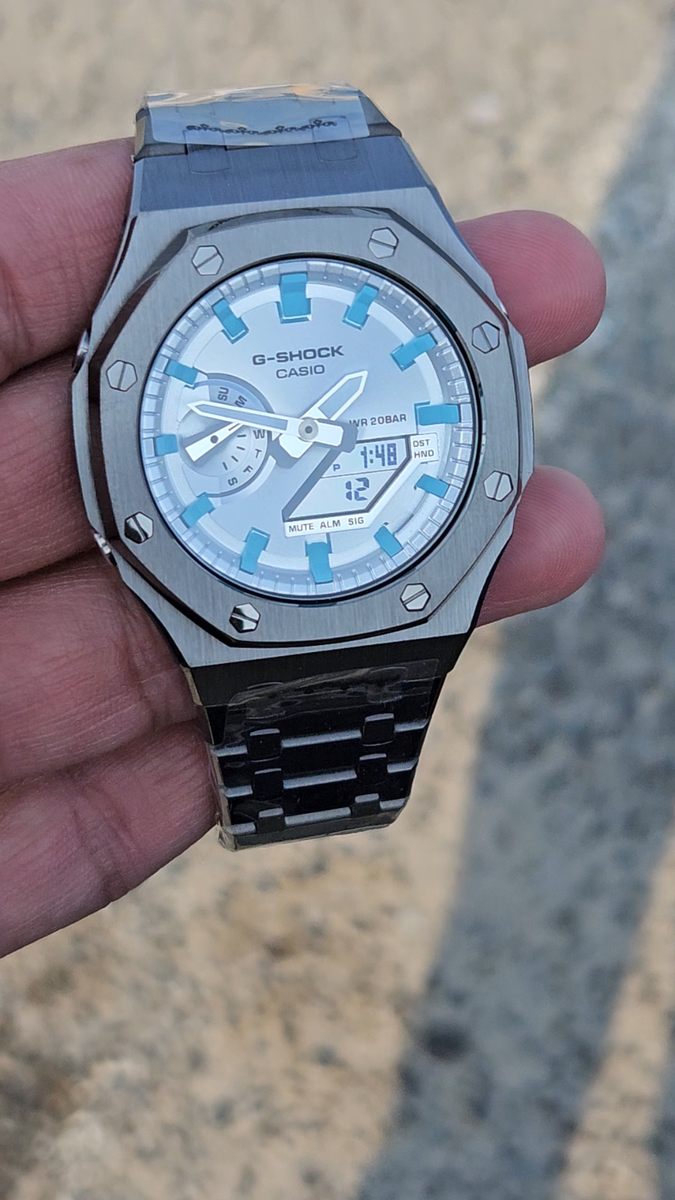 Custom Mod G-Shock GA-2100 Stainless Steel Silver & Blue