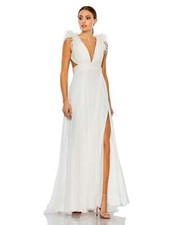 Mac Duggal 68113 Feather-Trim Gown Sz 12 White