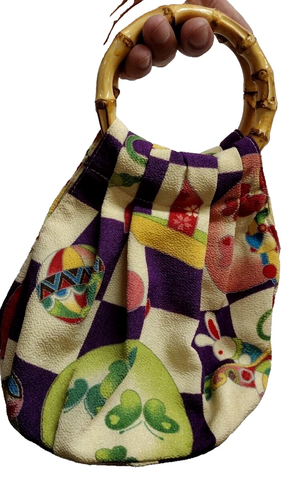 Vtg 90s Kimono Fabric Purse Rabbit & Butterfly Handmade Bamboo Man made Handles - Image 2 of 4