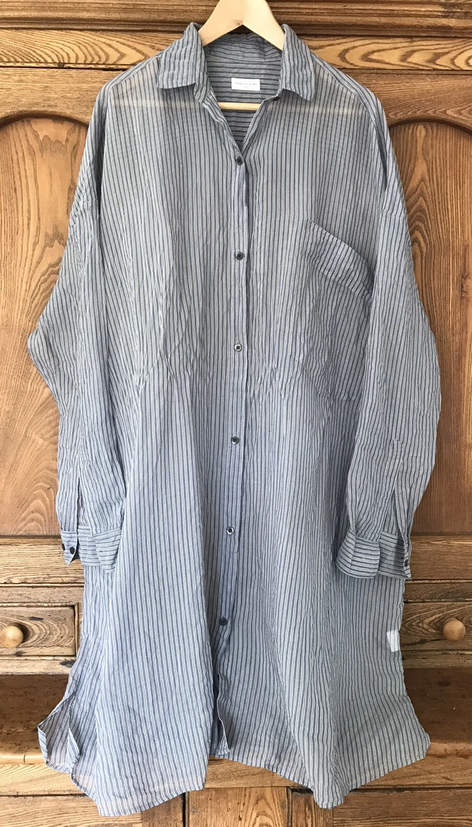 Dries Van Noten oversize silk cotton button shirt dress tunic blue white S midi