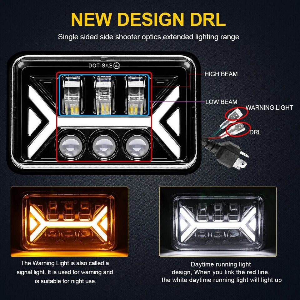 For Mercury Cougar 1977-1986 4PCS 4x6" LED Headlights DRL Hi/Lo Sealed Beam Lamp - Image 4 of 4