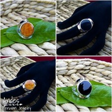 Handmade peruvian ring 950 silver double side Spondylus, Obsidian Size 8-8.5 Adj
