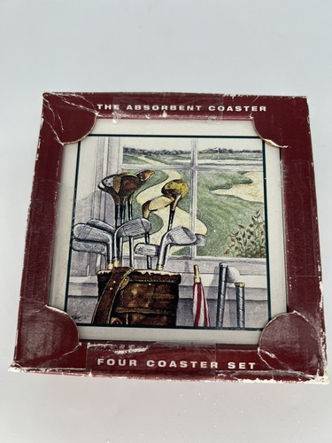 The Absorbent Drink Coaster Set 4 Golf Bag Clubs Course Design Cork Bottom Art
