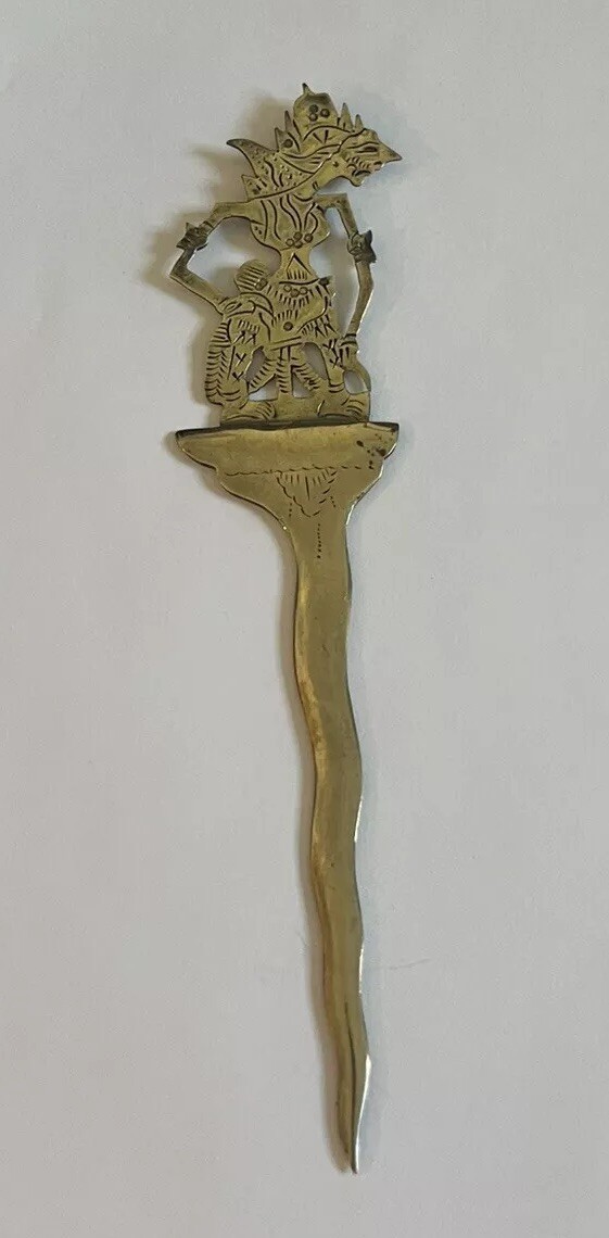 Vintage Antique Figural Etched Brass Bronze Fancy Letter Opener Desk Paper Knife