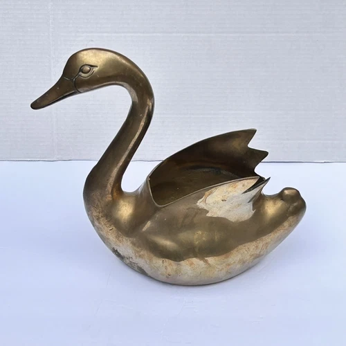 MCM Brass Swan Planter Large 12” Tall Vintage