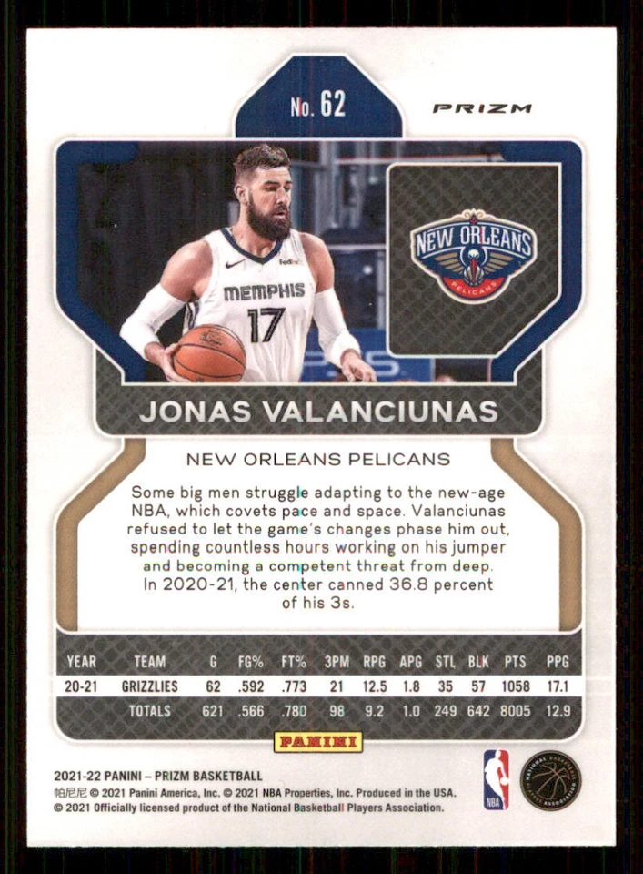 2021-22 Panini Prizm Prizms Green #62 Jonas Valanciunas - Image 2 of 2