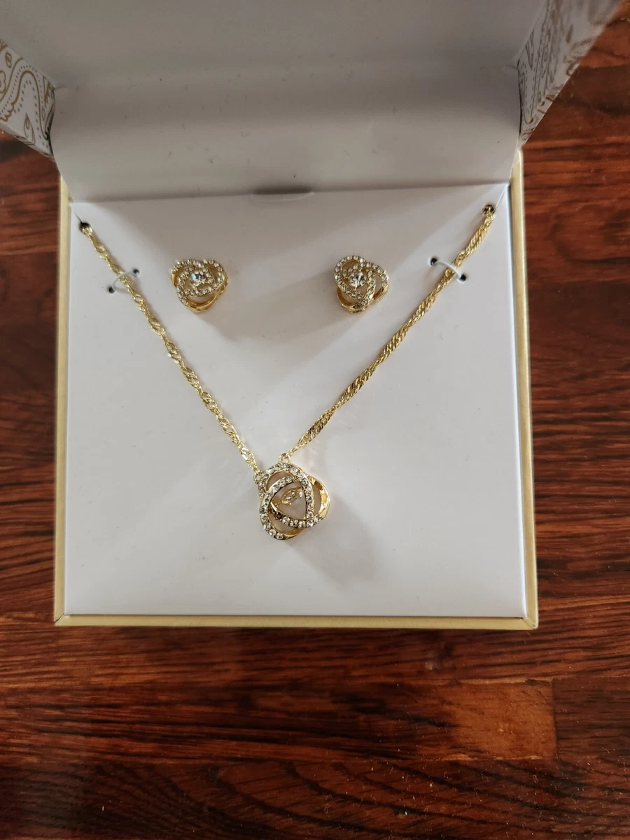 Charter Club Goldtone Necklace Earrings Set Love Knot Crystal Jewelry