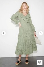 BNWT DOROTHY PERKINS KHAKI GREEN BROIDERY ANGLAISE 3/4 SLEEVE WRAP MIDI DRESS 12