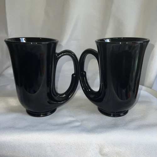 Vintage Tiara By Indiana, Black Glass Hunter's Horn Coffee Mug, Tea, Set Of 2