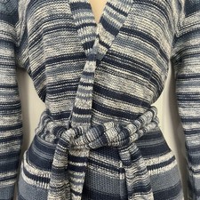 Ralph Lauren Women’s PS Petite Small Blue Striped Fringe Tie Cardigan Sweater