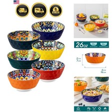 Ceramic Bowls Set of 6-26 oz Bohemian Style Colorful Cereal Soup Bowls, Micro...