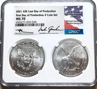 2021 SILVER EAGLE Last - First Day of PRODUCTION in DUAL HOLDER  NGC MS70  🦅