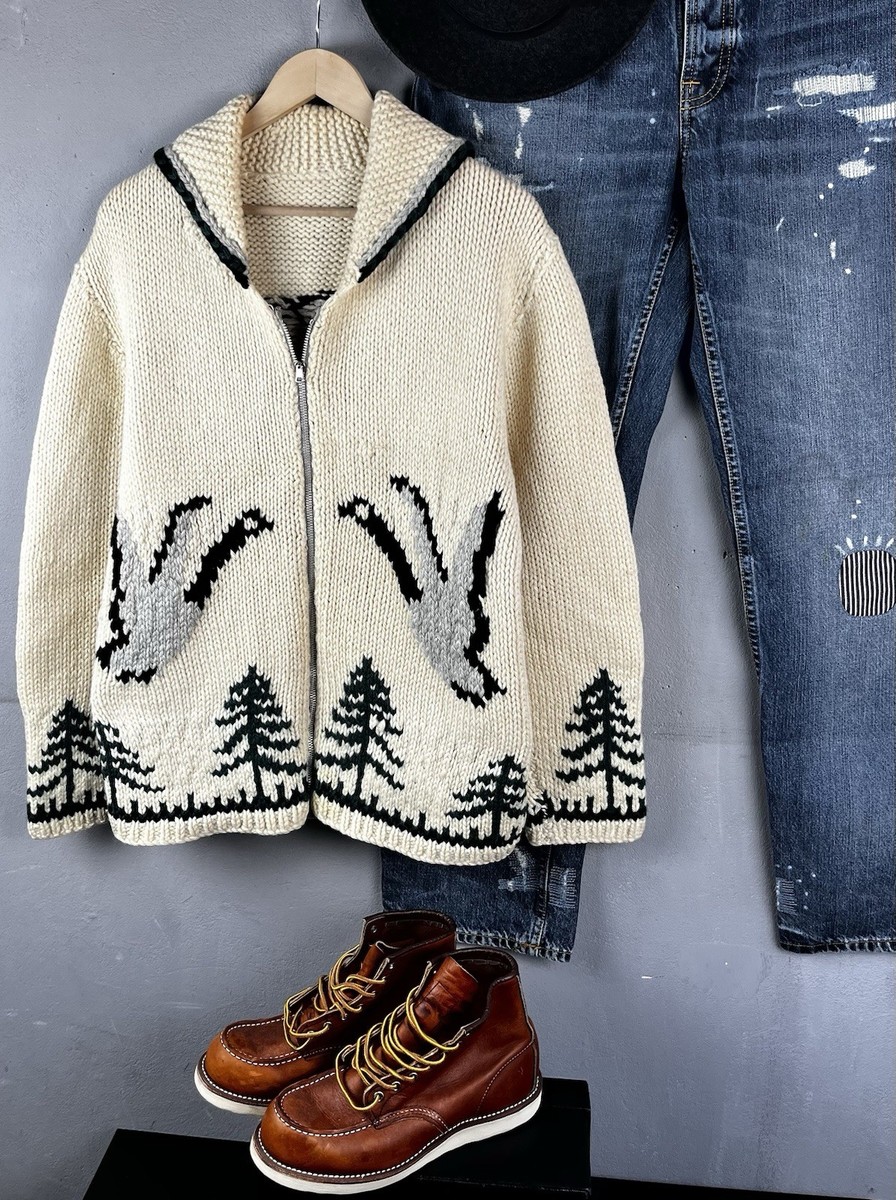 vintage COWICHAN sweater DUCKS cardigan L wool knit 1950s handmade