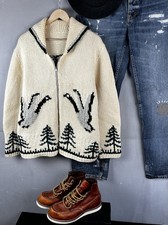 vintage COWICHAN sweater DUCKS cardigan L wool knit 1950s handmade HUNTING