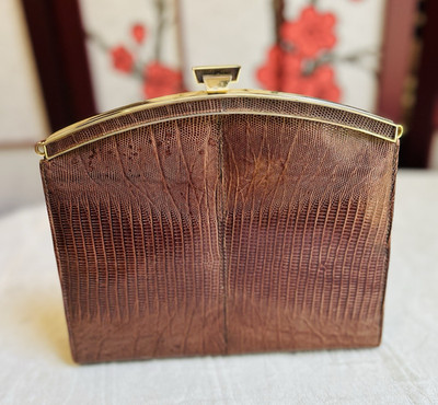 Vintage Brown Lizard Embossed Clutch Purse Detach Shoulder Strap Gold HW Clasp