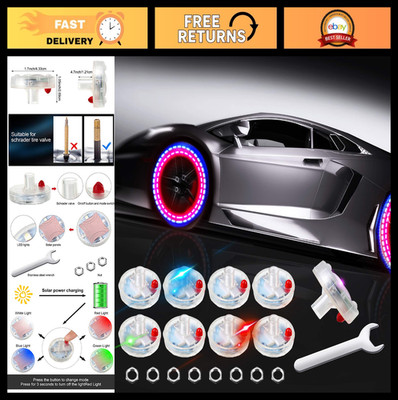 8 Pcs Solar LED Tire Lights - Flashing Wheel Valve Stem Caps for Cars, Bikes, Mo