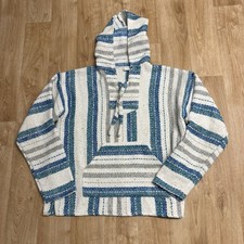 Molina Baja Hoodie Drug Rug Mexican Poncho Hippie Size S Blue Cream Striped