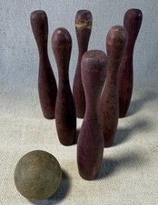 Vintage Miniature Wood 6 Pin Toy Bowling Set  Original Ball 