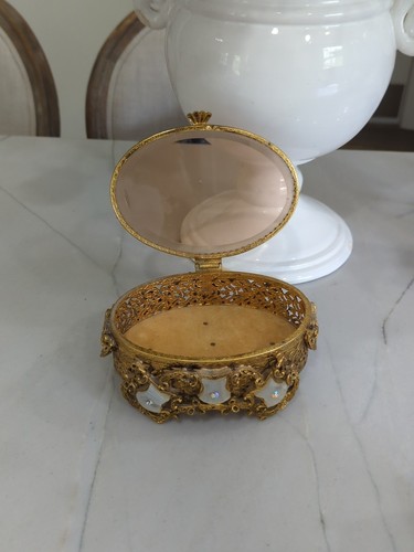 Ancienne boite à bijoux bibelot métal filigrane verre biseauté vanité vadrouille ambre française ? - Photo 4/12
