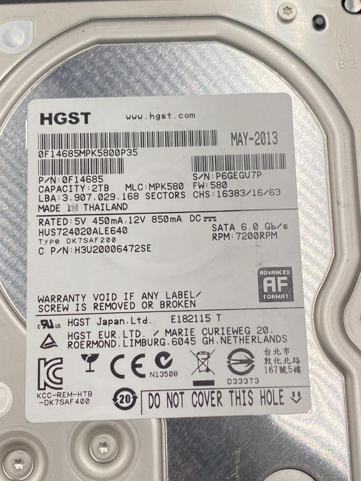 HGST ULTRASTAR HUS724020ALE640 2TB 3.5" SATA HARD DRIVE 7200 RPM 0F14685 LOW USE - Image 2 of 3