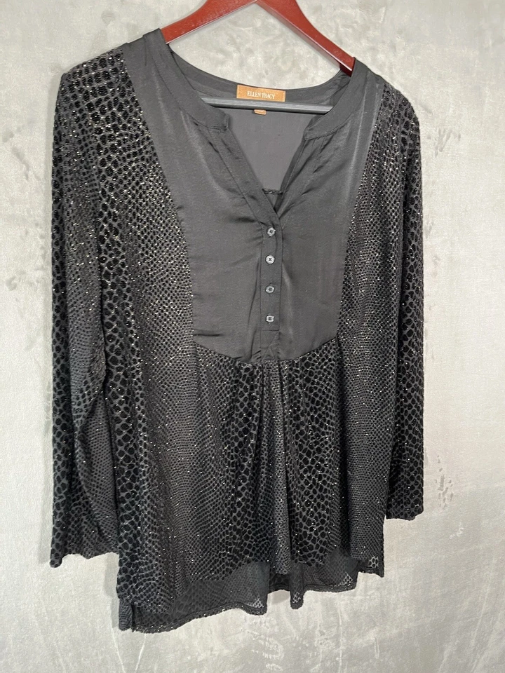 Túnica negra brillante manga larga ELLEN TRACY para mujer bruja caprichosa campesina L Foto 2 de 4