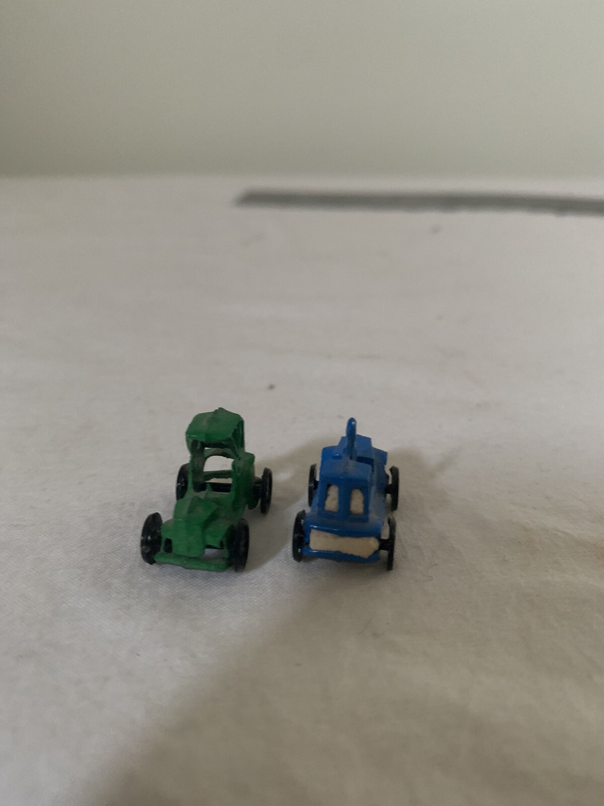 Miniature Dollhouse Vintage 1950s Green & Blue Metal Enameled Toy Cars