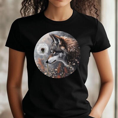 Women's Wolf Dandelion Print Cotton T-Shirt Size S to 3XL