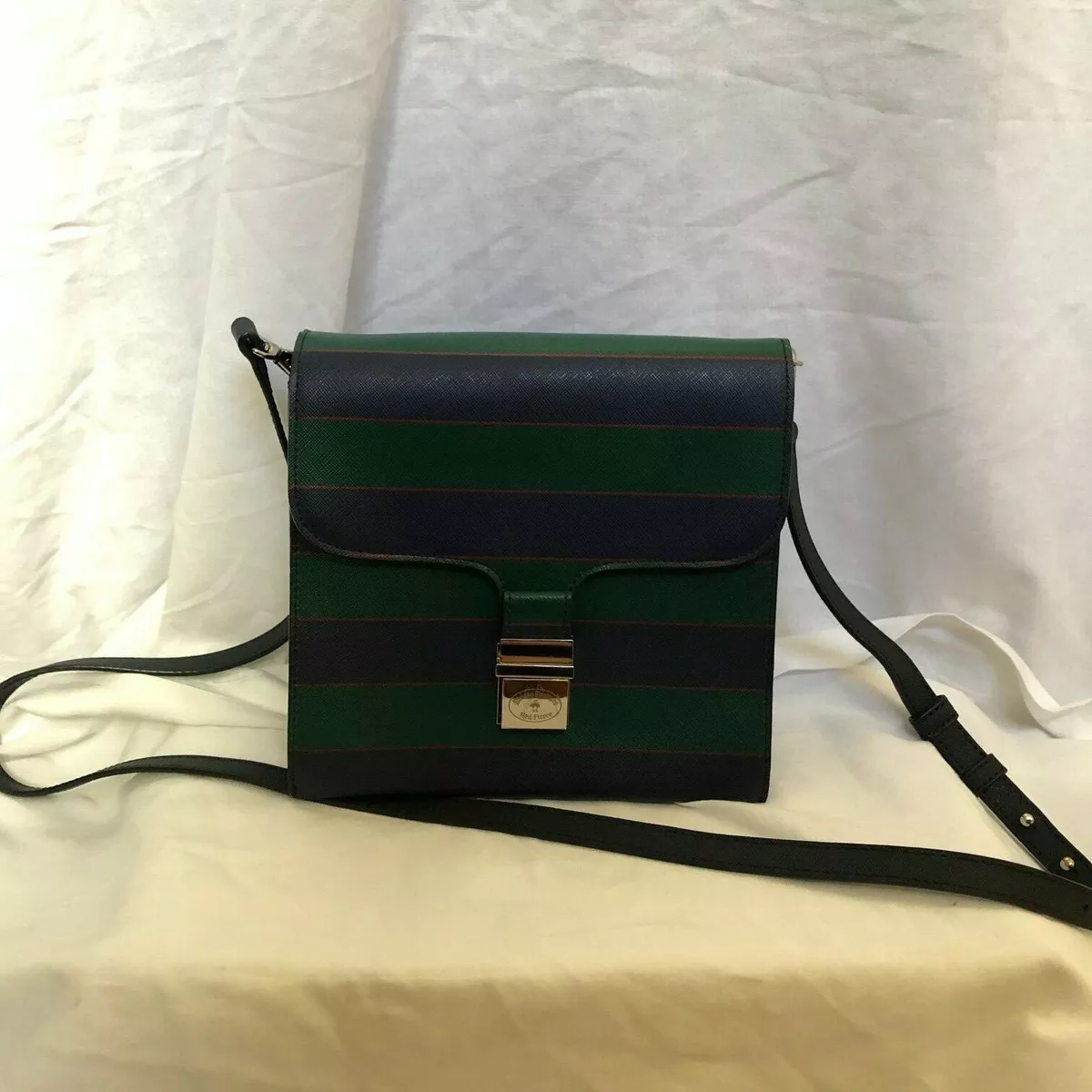 Brooks Brother Green & Navy Striped Crossbody Bag Silver Purse; Leather  Strap