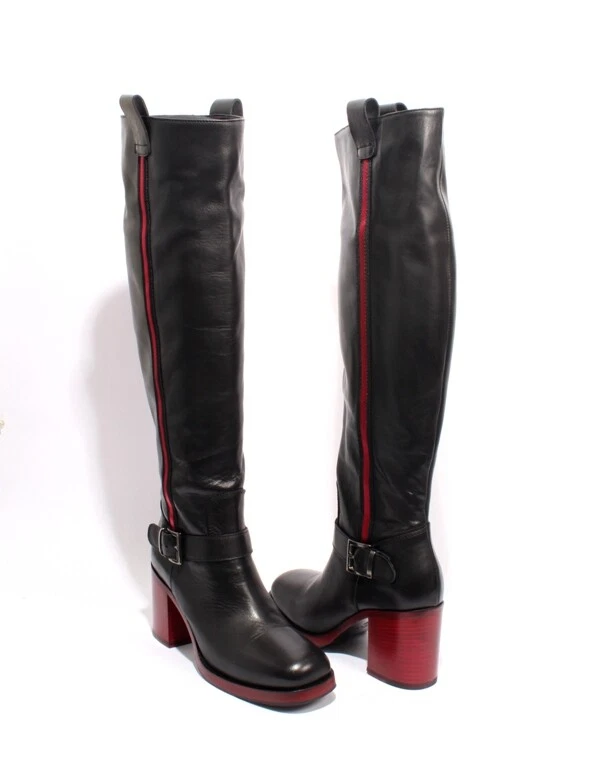 Bota Laura Bellariva 4701 Cuero Negro Rojo Hebilla con Cremallera Tacón Hasta la Rodilla 36 / EE. UU. 6 Foto 2 de 4