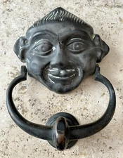 8" ANTIQUE 1907 VICTORIAN GNOME ELF PIXIE FACE ARCHITECTURAL SALVAGE DOORKNOCKER