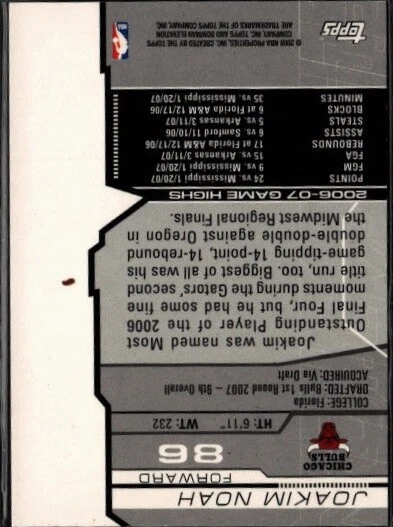 Bowman Elevation #86 Joakim Noah Blue #/99 2007-08 Foto 2 de 2