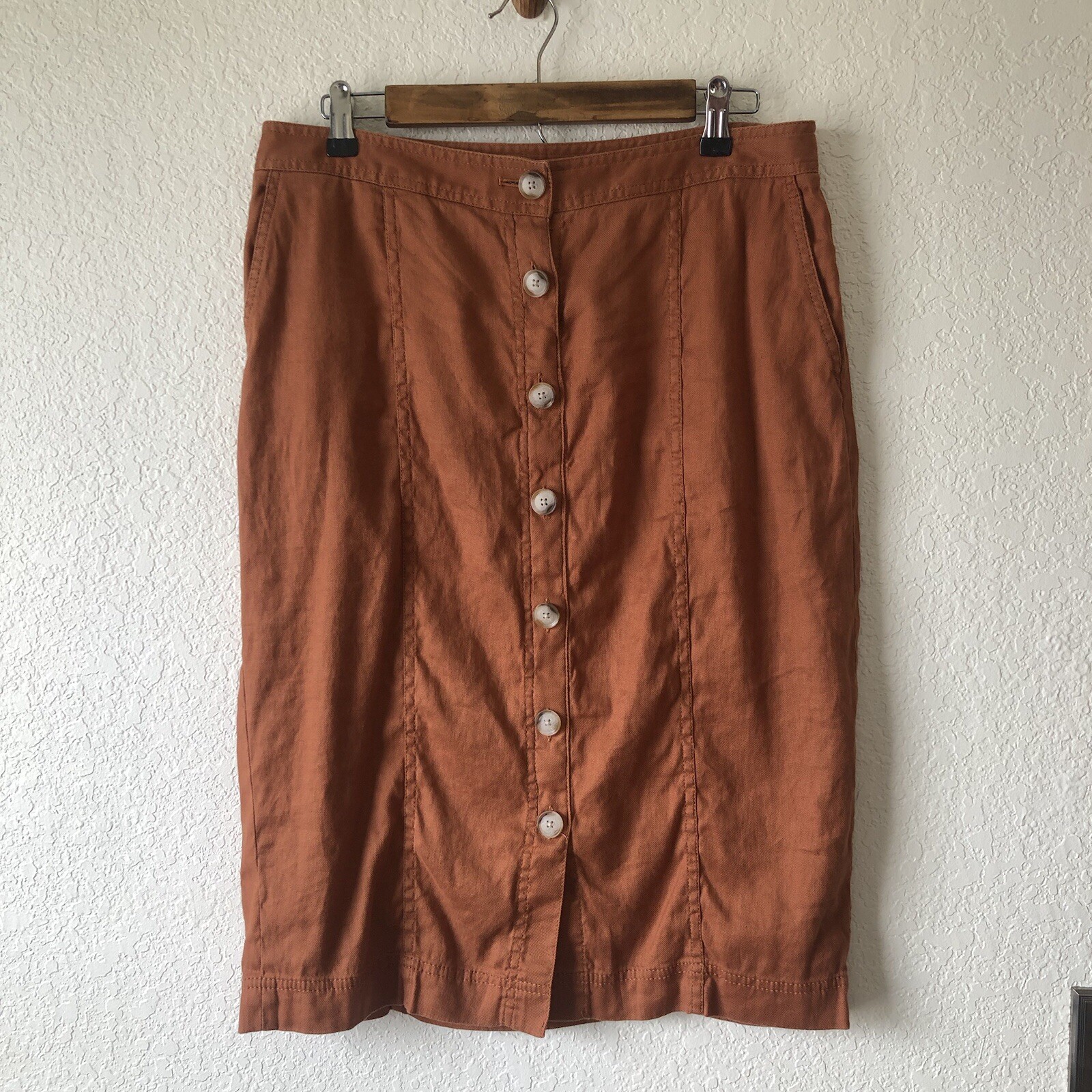 Banana Republic Sz 12 Burnt Orange Rust Linen/ Cotton Pencil Skirt Button Front
