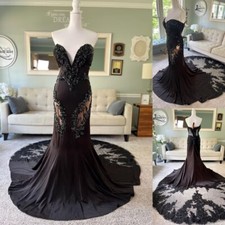 Gothic Black Wedding Dresses with Court Train Lace Appliques Satin Bridal Gowns