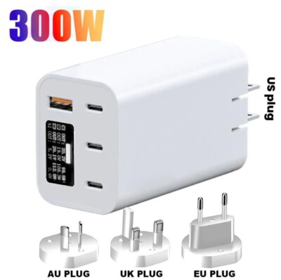 300W GaN PD Fast Wall Charger USB Type C US EU UK AU Adapter Plug