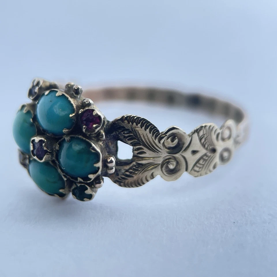 Antique 9ct Gold Turquoise & Paste Cluster Mourning Hair Ornate Engraved Ring -N - Image 3 of 4