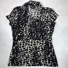 DKNY Blouse Medium Black Cream Animal Print Short Sleeve Mock Neck Top
