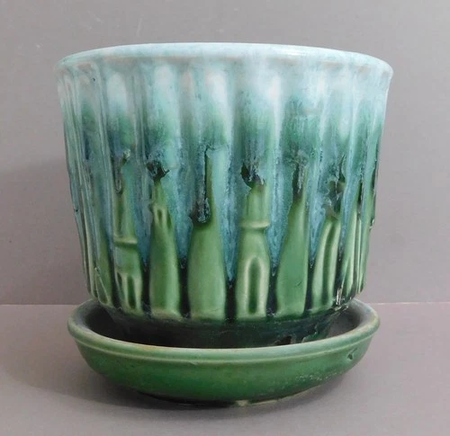 VINTAGE MID CENTURY MC COY #0372 USA GREEN BAMBOO PLANTER WITH DRIP TRAY