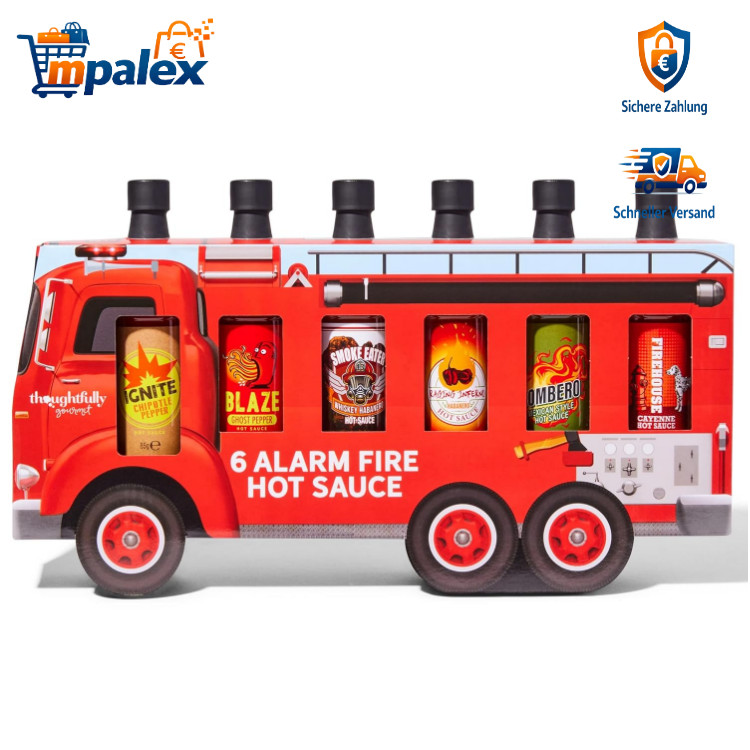Hot Sauce Set 6x85g Feuerwehrauto Verpackung Scharfe Soßen Geschenk