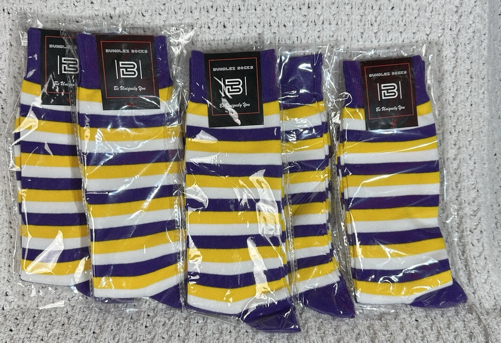 New 5 Pack Purple & Yellow Striped Crew UNISEX Sock MEN 8-12 WOMEN 10-12.5
