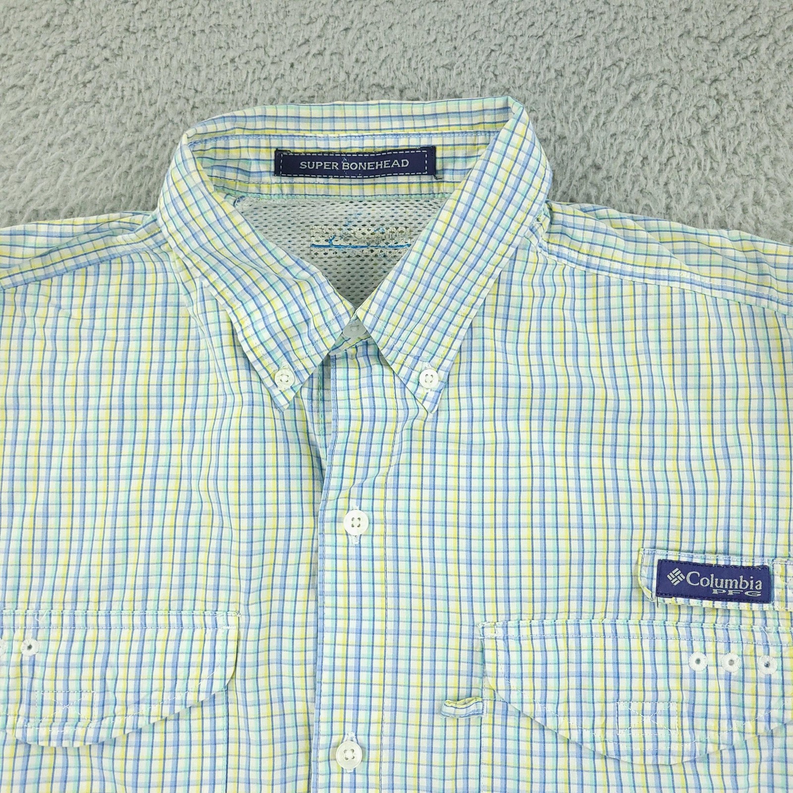 Columbia Super Bonehead Shirt Mens Extra Large Blue Plaid Omni Shade PFG Fishing