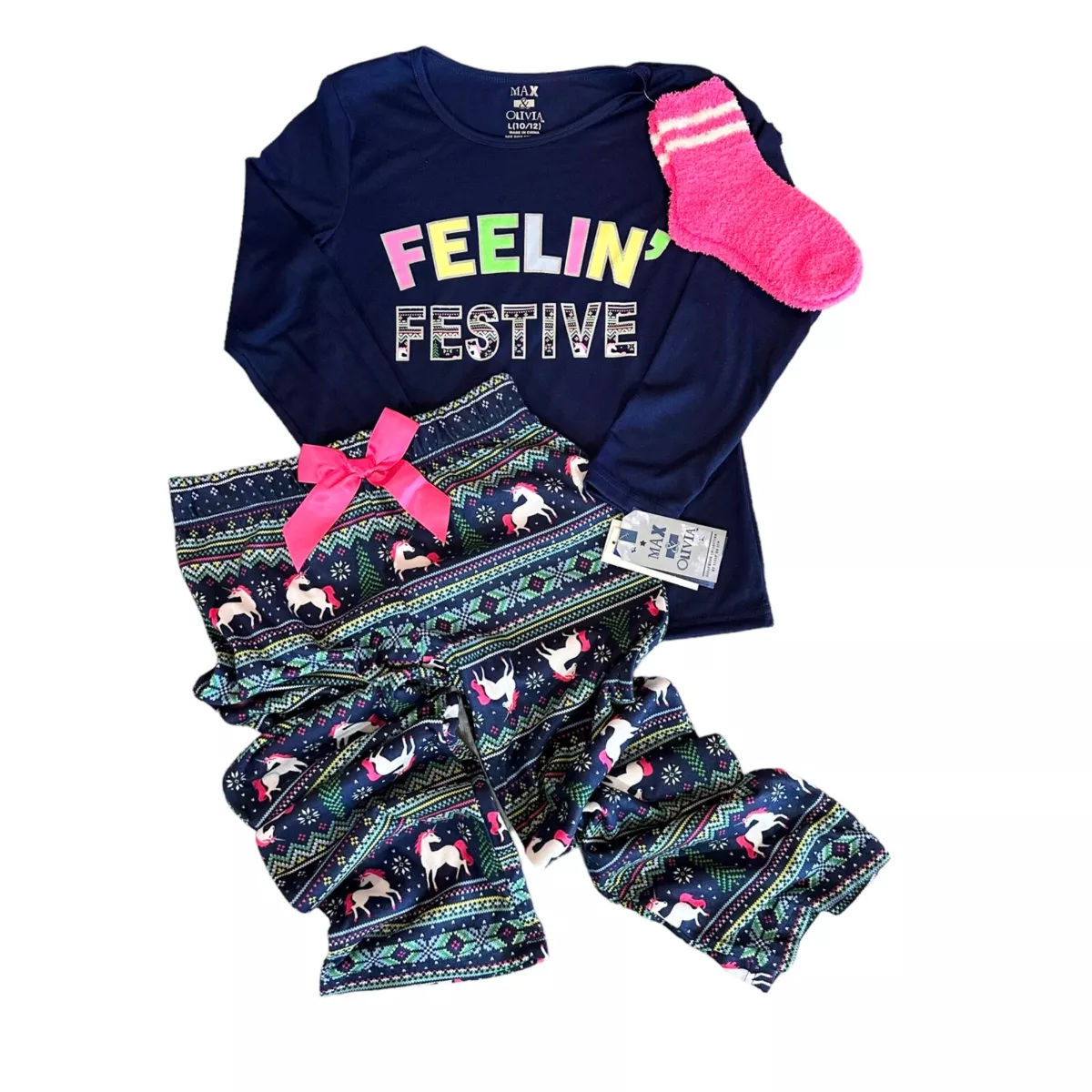 NWT MAX OLIVIA Big Girls Size L 10 12 Holiday Top Pajama
