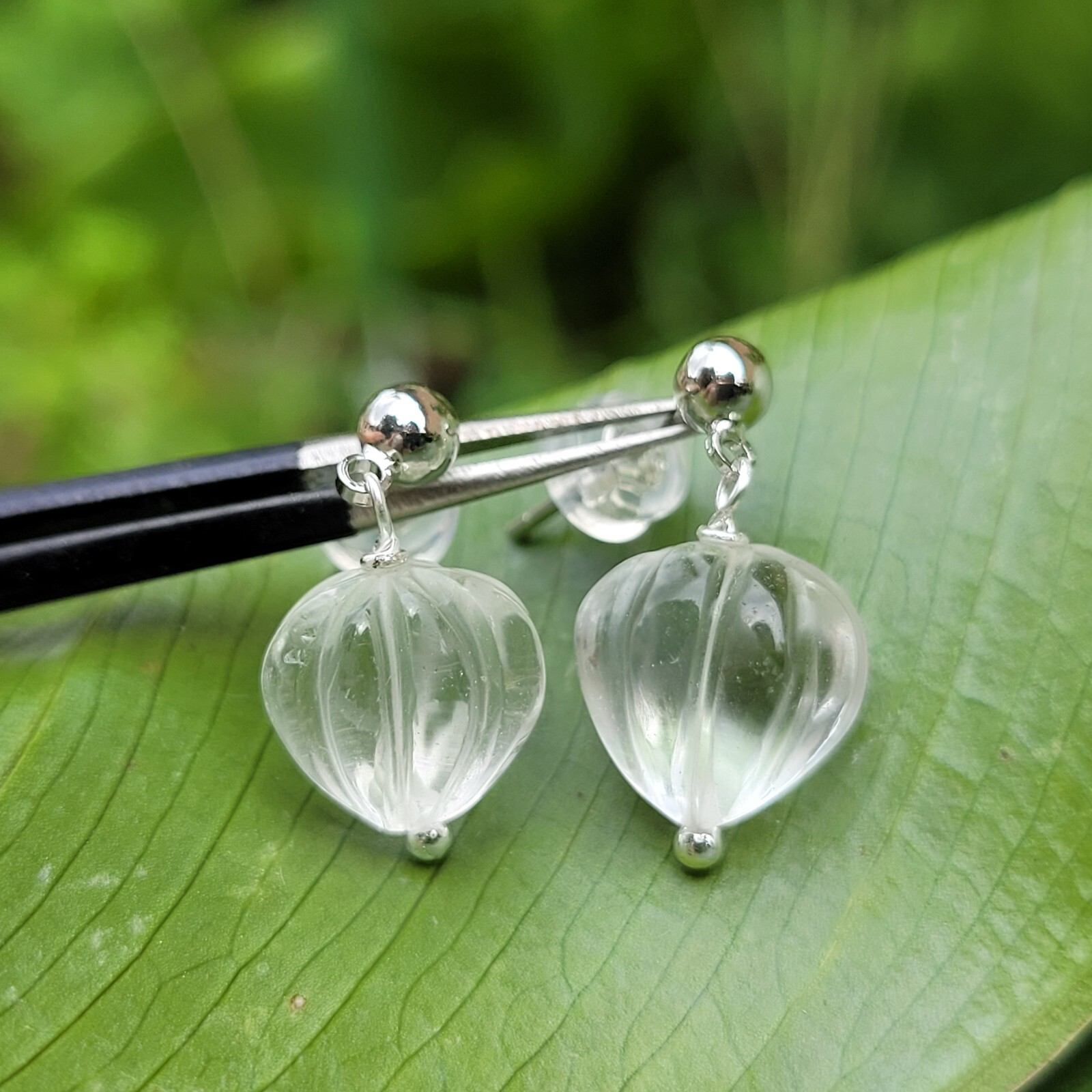 Boucles d'oreilles cristal blanc pierre sculptée argent 925 doré femme