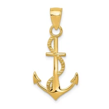 14k Yellow Gold Polished Anchor W/Rope Pendant 1.03g L-25.9mm Gift for Her