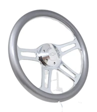 14" 4 Spoke Chrome Steering Wheel Grey Grip 6 Hole Chevy Horn Button Muscle