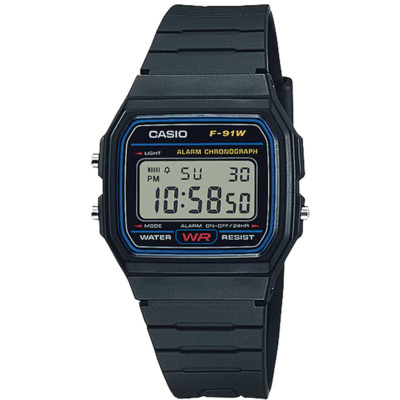Casio F91W-1, 7 Year Battery Chronograph Watch, Black Resin Strap, Alarm, NEW