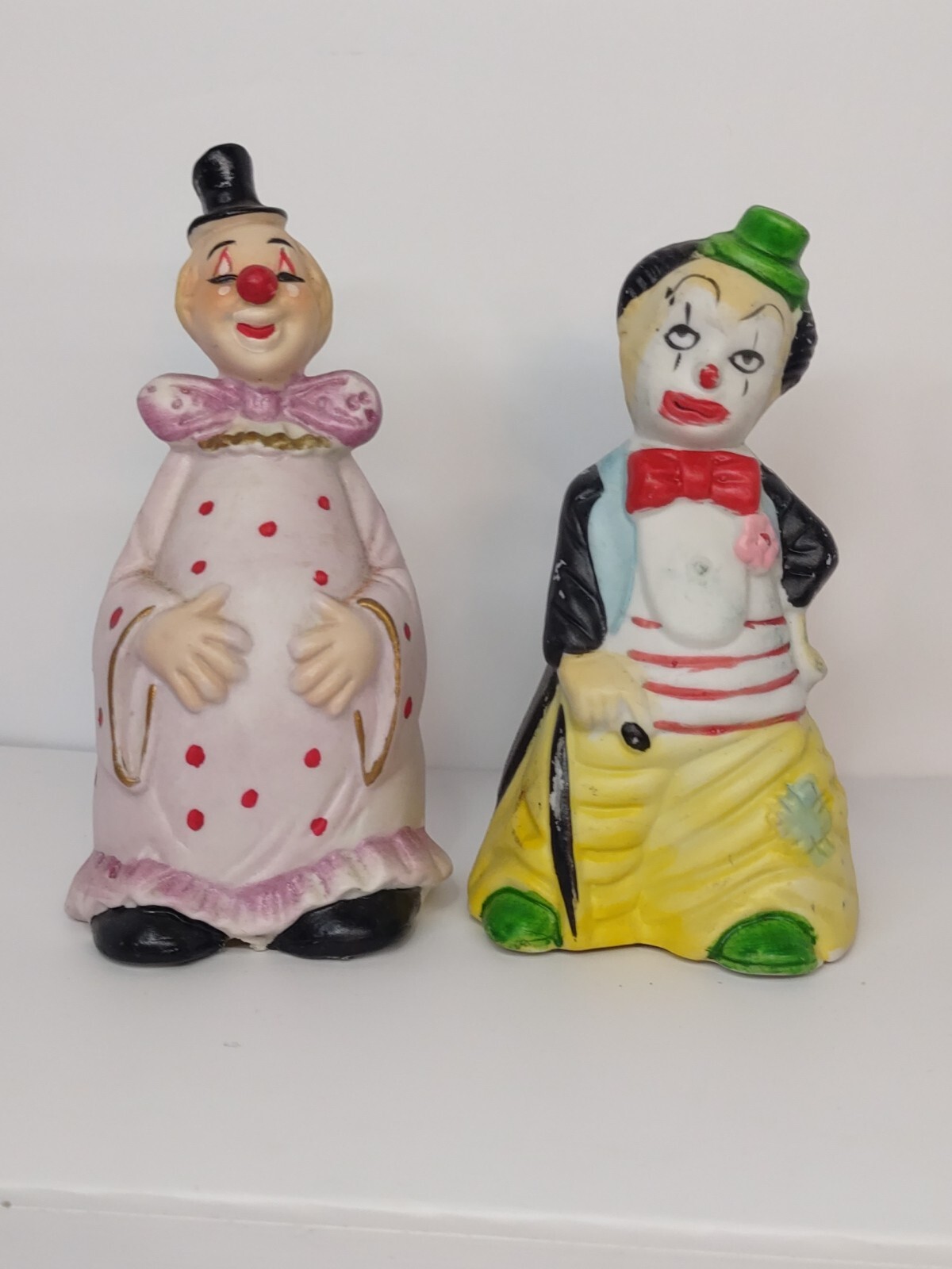 Set Of 2 Porcelain Hobo Clown Collector Bells Colorful Polkadot Vintage